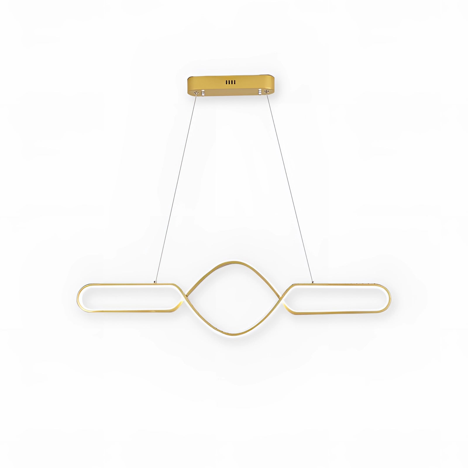 Modern gold LED pendant light featuring a luxurious adjustable infinity design with geometric shapes including rectangles, circles, and triangles, showcasing metallic elements.