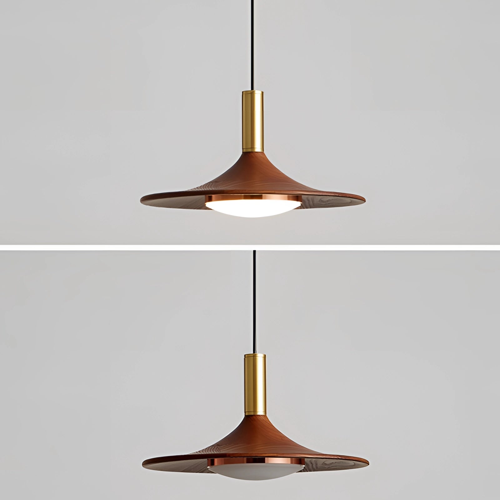 Modern gold LED pendant light fixture with a Scandinavian design, featuring a sleek metallic finish and hanging from a ceiling, illuminating a space with its artistic and luxurious appearance.