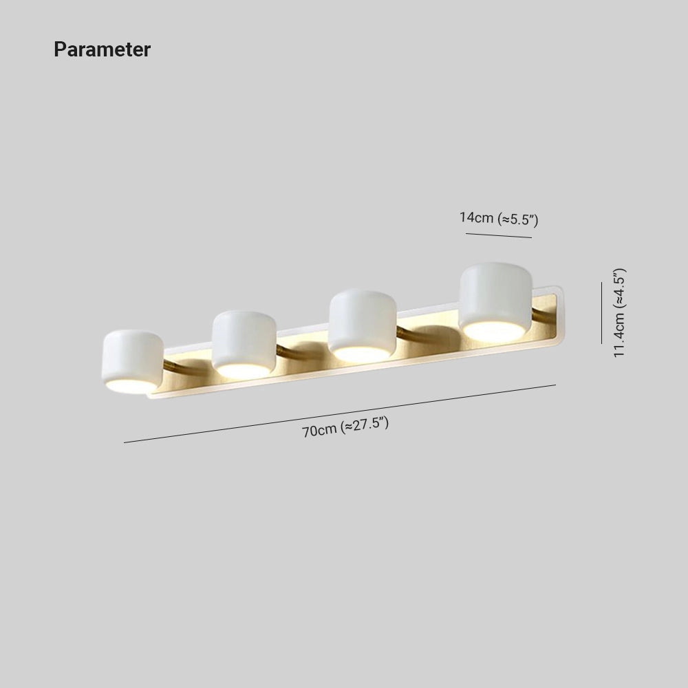 Modern gold LED vanity light fixture featuring a minimalist design with five lights, constructed from metal, suitable for bathroom installation.