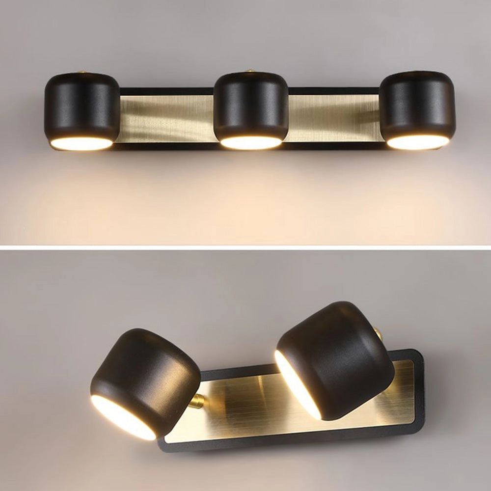 Modern gold LED vanity light with a minimalist design featuring five rectangular light fixtures mounted on a sleek metal base, suitable for bathroom settings.