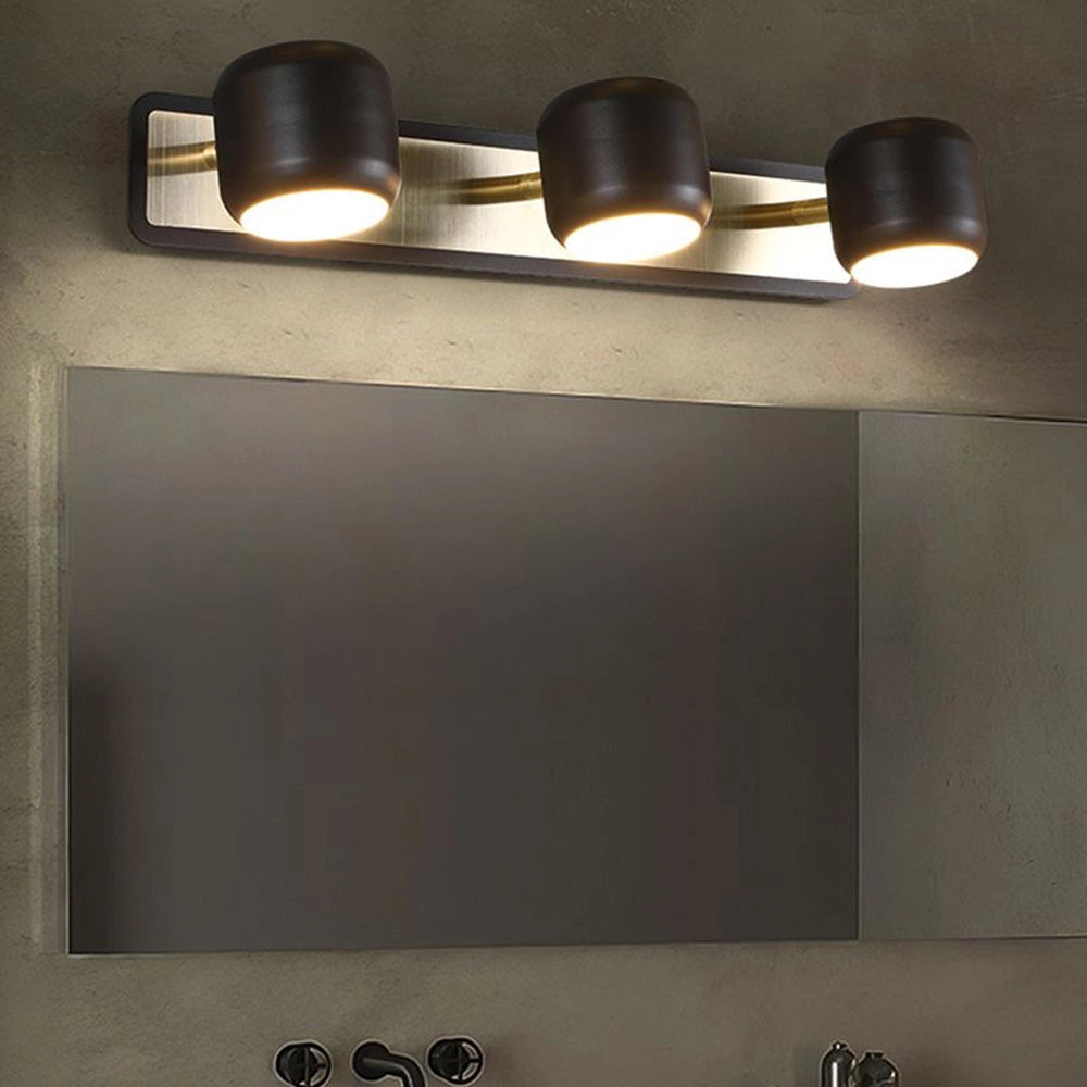 Modern gold LED vanity light fixture with a minimalist design, featuring five cylindrical lights attached to a rectangular base, suitable for bathroom settings.