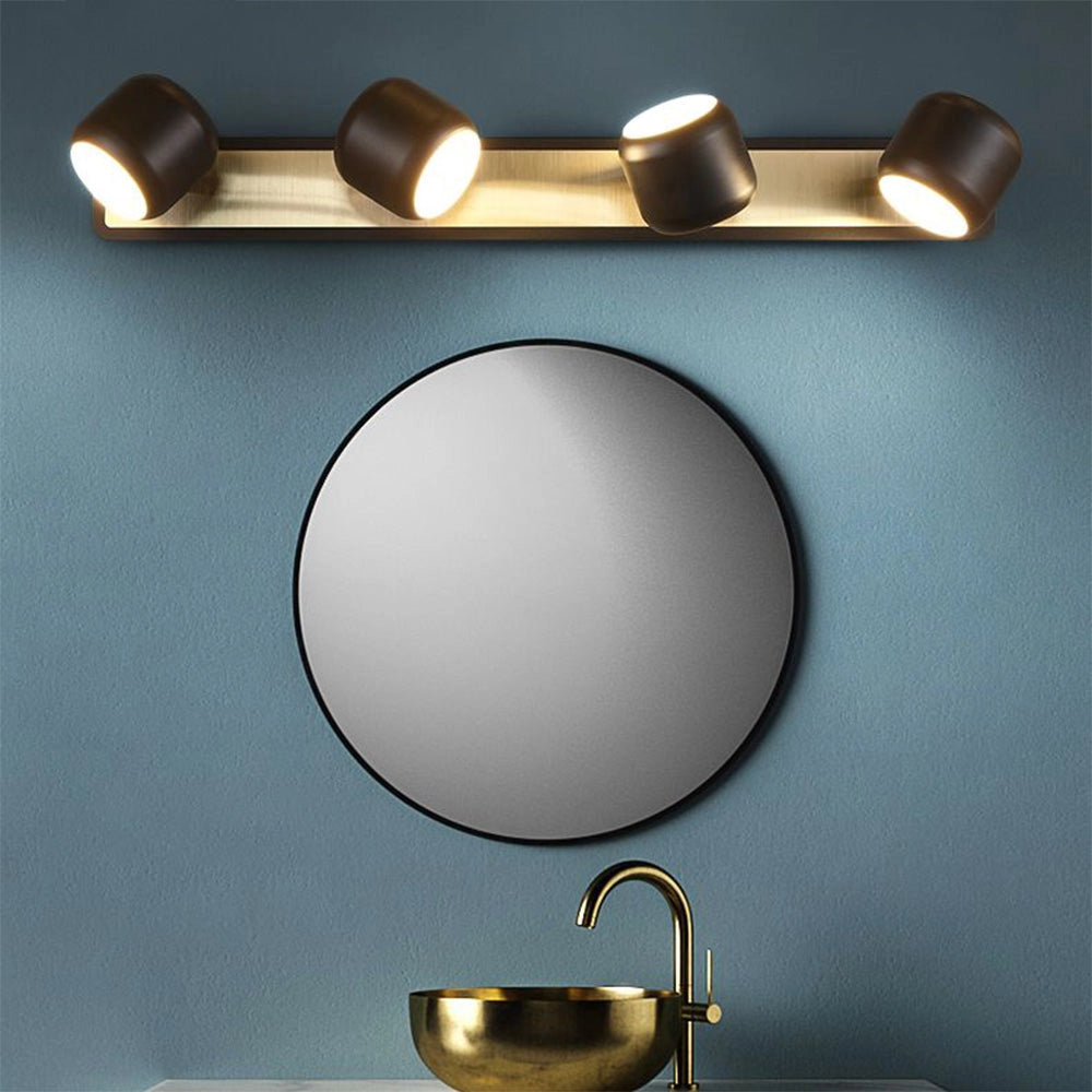 A sleek black vanity light fixture with four LED lights, designed in a minimalist style for modern bathrooms. The fixture has a metallic finish, highlighting its contemporary aesthetic.