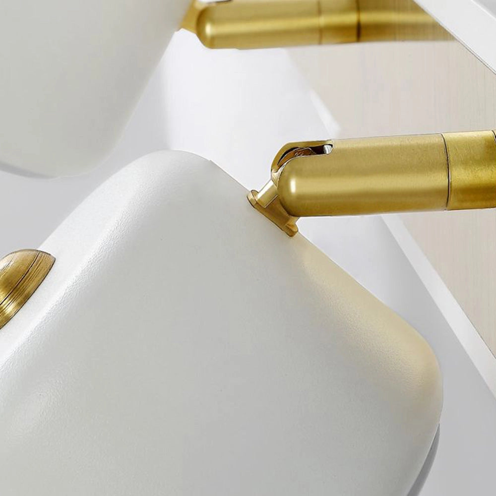 Modern gold LED vanity light with five minimalist lamps, suitable for bathroom settings, featuring a sleek metal design.