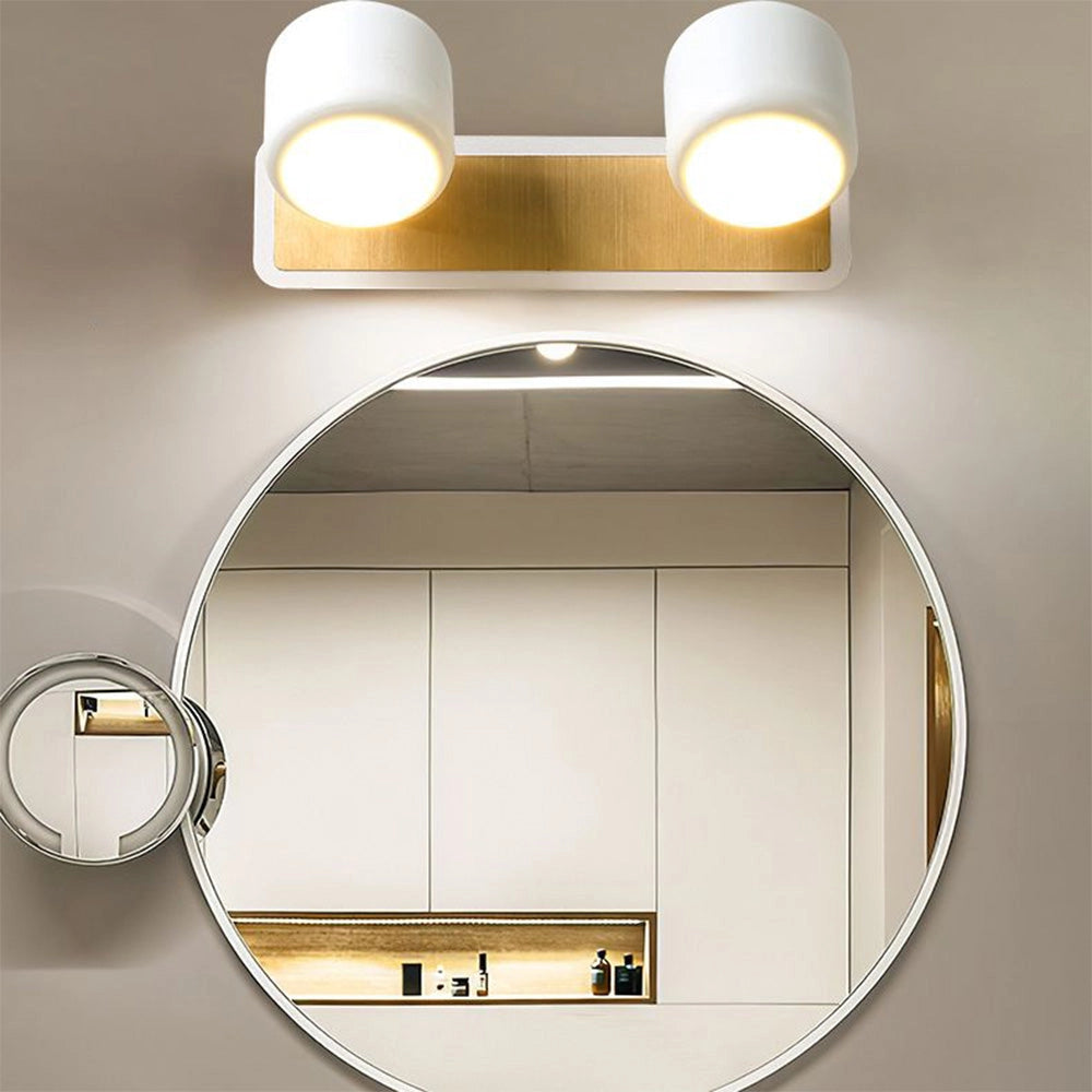Sleek white and gold LED vanity light with two minimalist light fixtures, featuring a modern design suitable for bathroom settings.
