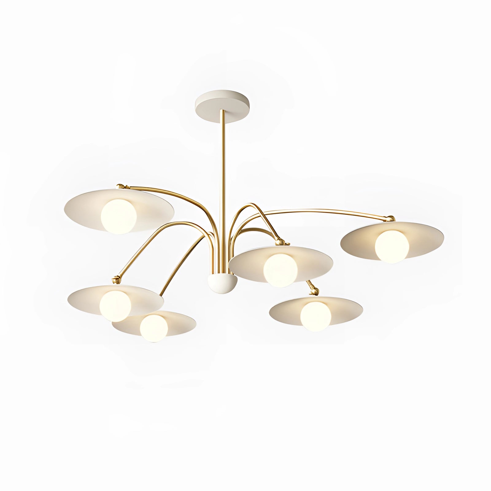 Modern gold opal glass mid-century chandelier with elegant design, featuring multiple circular opal glass shades and a sleek metal finish, suspended from the ceiling.