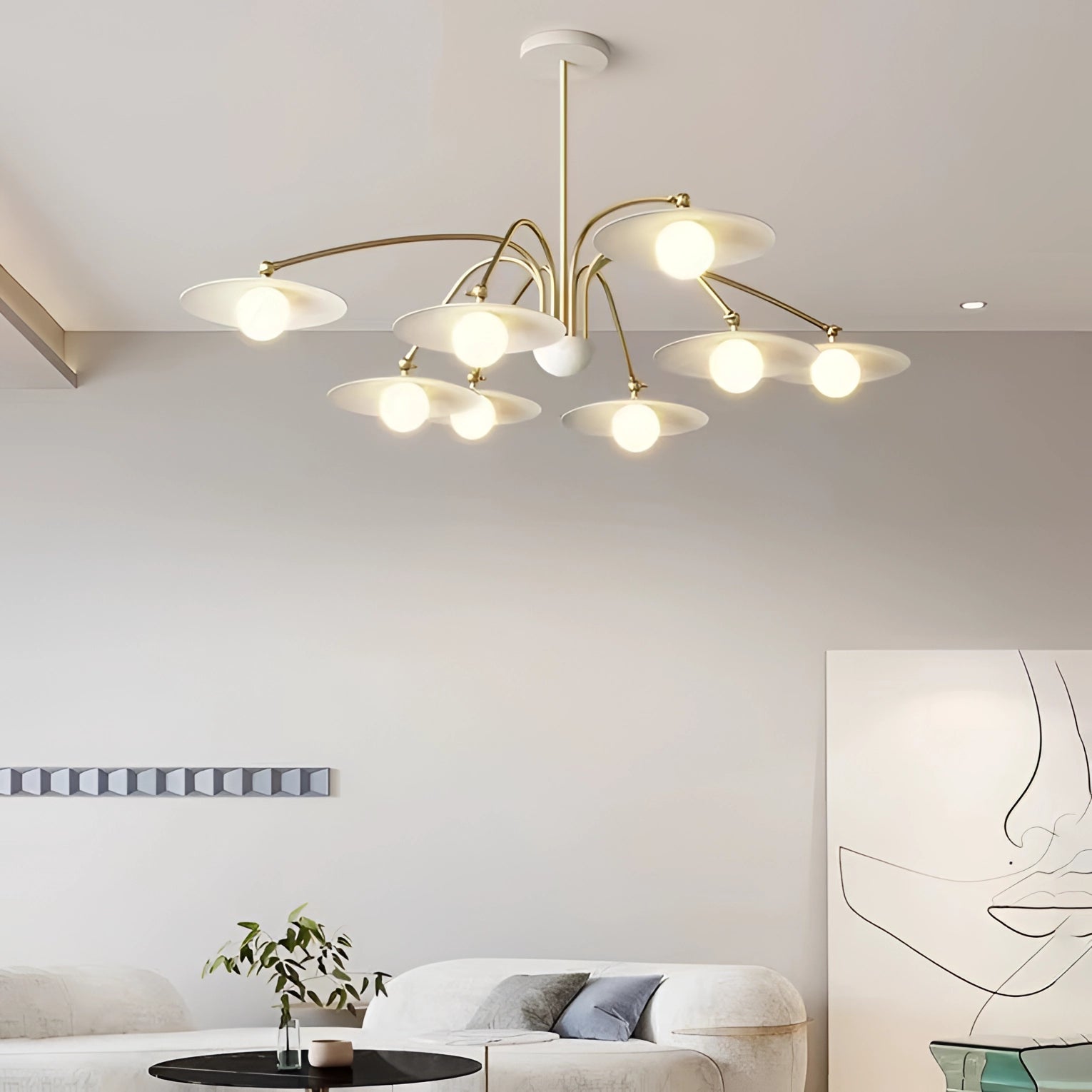 Elegant mid-century modern chandelier with gold accents and opal glass shades, featuring an 8-light design, suspended above a stylish interior living space with white walls, a comfortable couch, wooden flooring, and houseplants enhancing the room's decor.