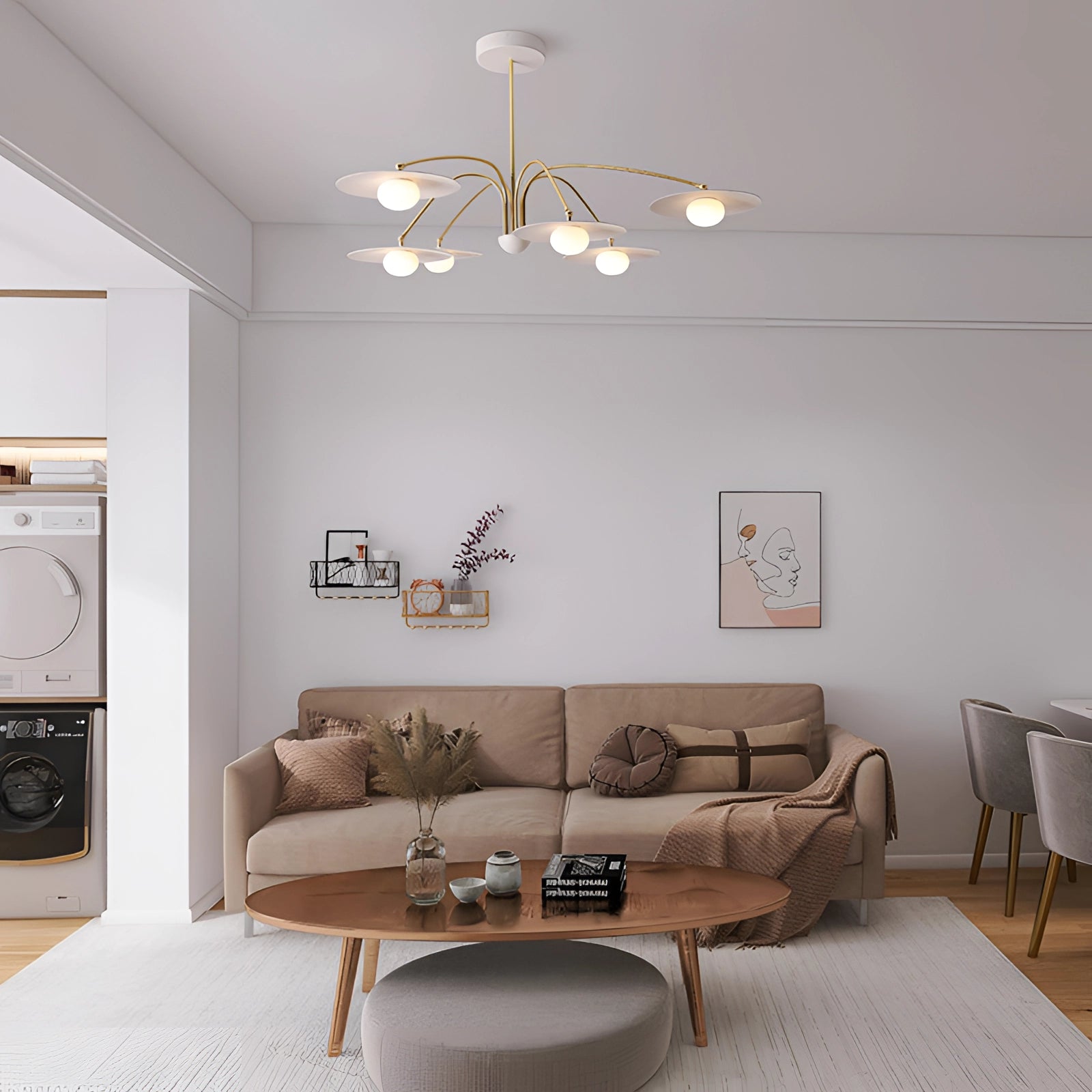 Elegant mid-century chandelier with a modern gold finish and opal glass shades, hanging in a stylish living room setting. The space features a white couch, wooden flooring, and a well-designed interior, creating a comfortable and sophisticated atmosphere.