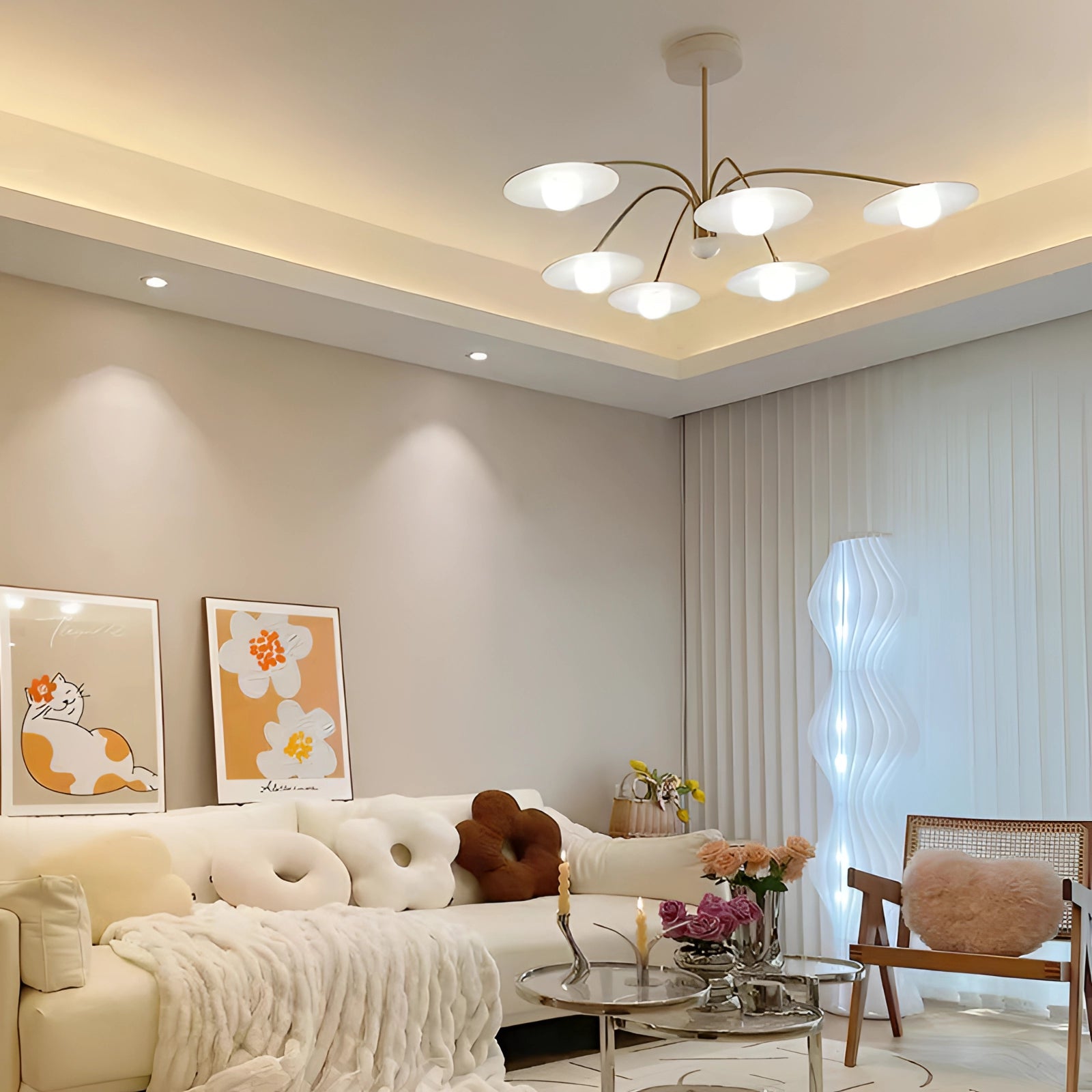 Modern gold opal glass mid-century chandelier hanging in a stylishly decorated living room with a comfortable couch and wooden accents, enhancing the interior design with an elegant lighting fixture.