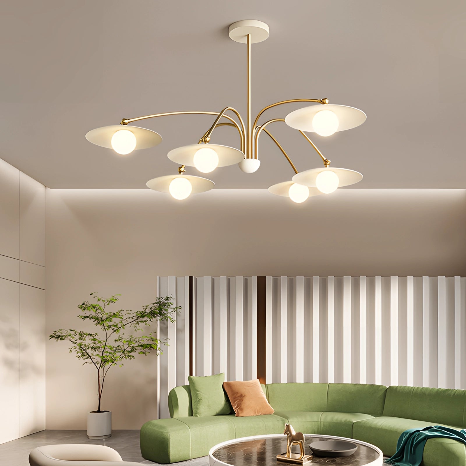 Modern mid-century chandelier with six opal glass shades and gold finish, elegantly illuminating a stylish living room with wood furniture, a comfortable couch, and decorative plants.