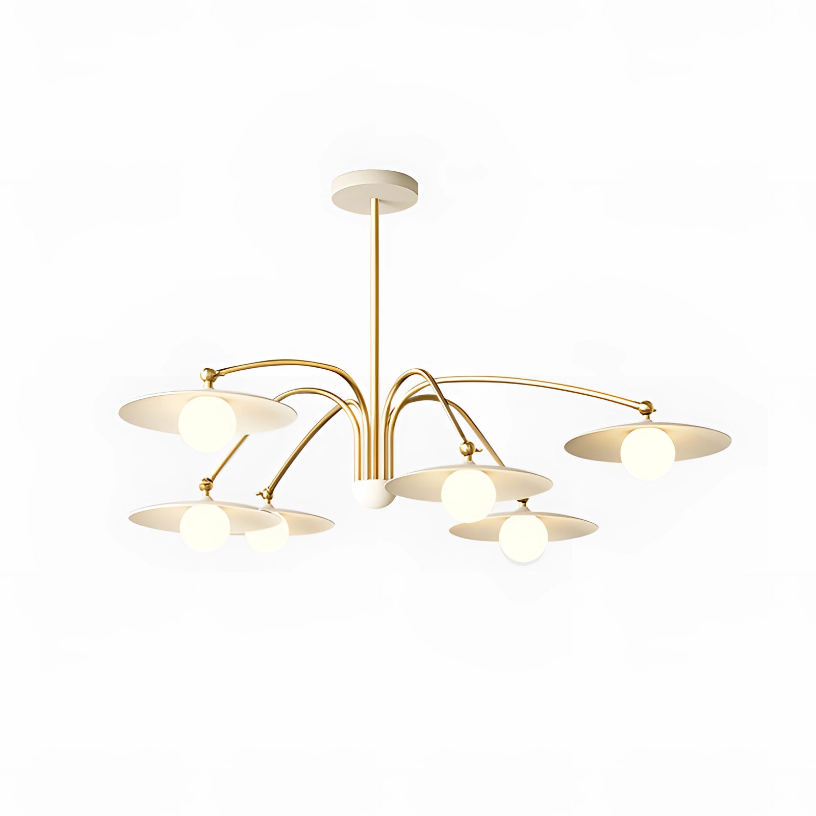 Modern gold chandelier with opal glass shades, featuring a mid-century design, elegantly suspended from the ceiling.