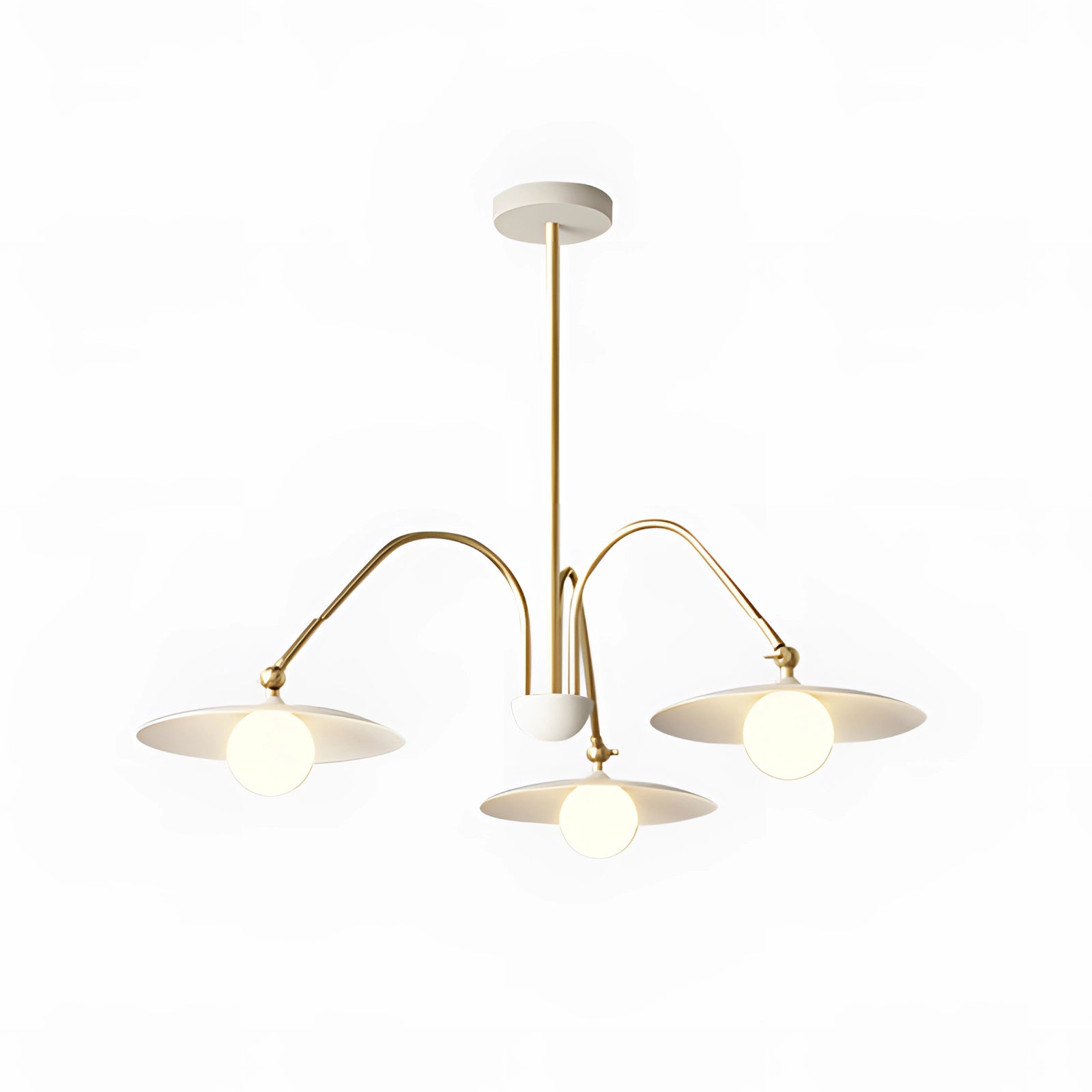 Modern gold opal glass mid-century chandelier with three spherical opal glass heads, featuring an elegant design with metal and wood elements, suspended from the ceiling.