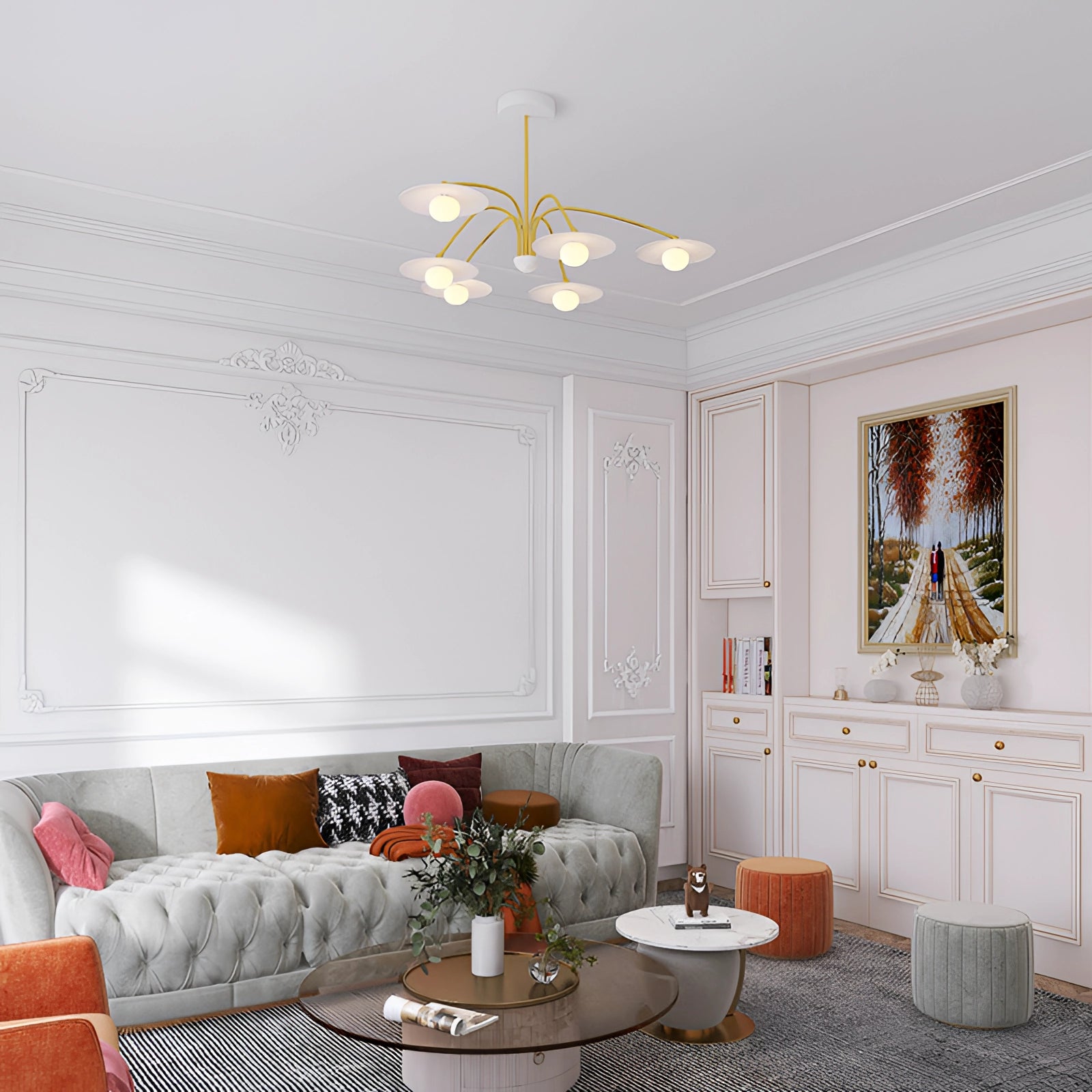 Modern gold opal glass mid-century chandelier elegantly hanging from the ceiling in a stylishly furnished living room with a wooden table, a couch, and indoor plants, enhancing the overall interior design.