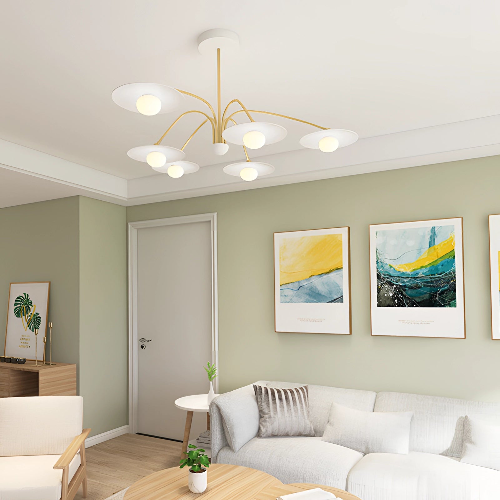 Modern gold opal glass mid-century chandelier elegantly hanging in a stylish interior setting with a sleek couch, warm wooden elements, and soft yellow lighting, enhancing the sophisticated decor.