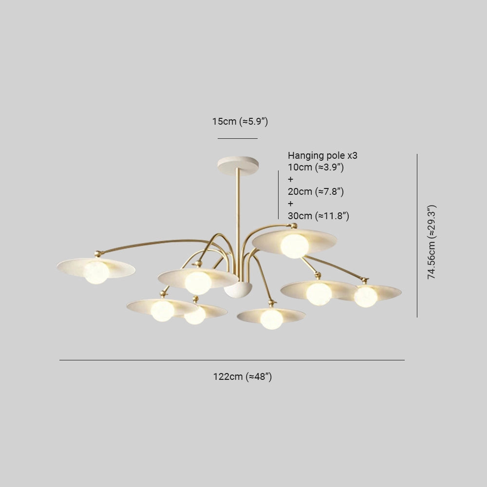 Modern gold chandelier with opal glass shades, featuring a mid-century design. The elegant lighting fixture is suspended from the ceiling, showcasing a circular arrangement of metal and wood elements.