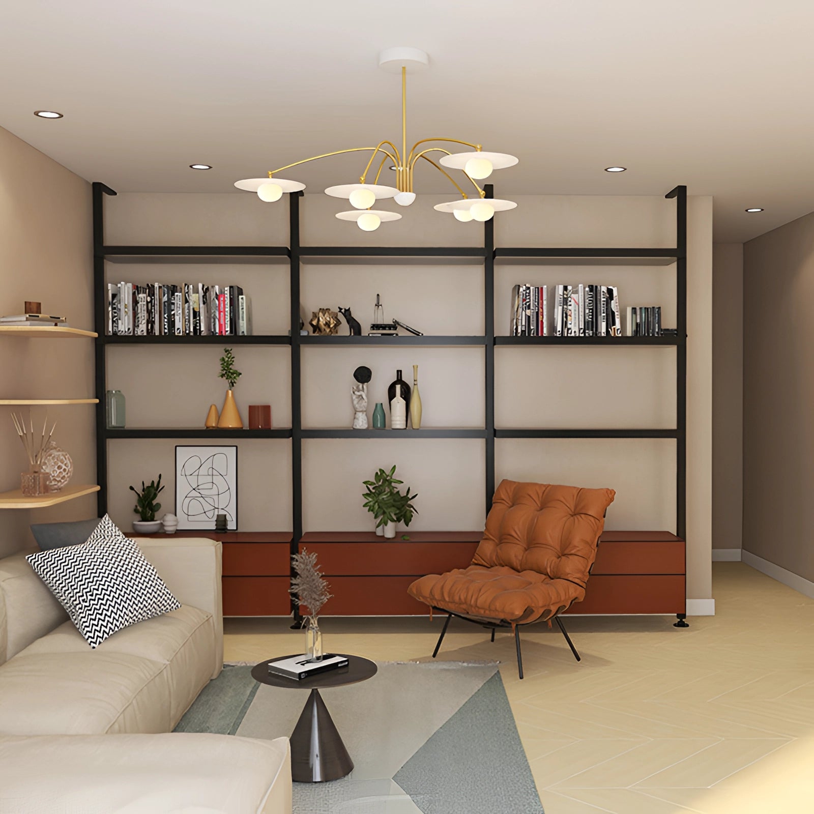 Modern gold opal glass mid-century chandelier hanging from the ceiling in a stylish, well-furnished interior space with a couch, picture frame, and bookcase.