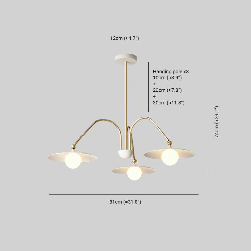 Modern gold chandelier with opal glass shades featuring a mid-century design, elegantly hanging as a ceiling fixture. The chandelier combines metal and wood elements with circular components and multiple light bulbs.
