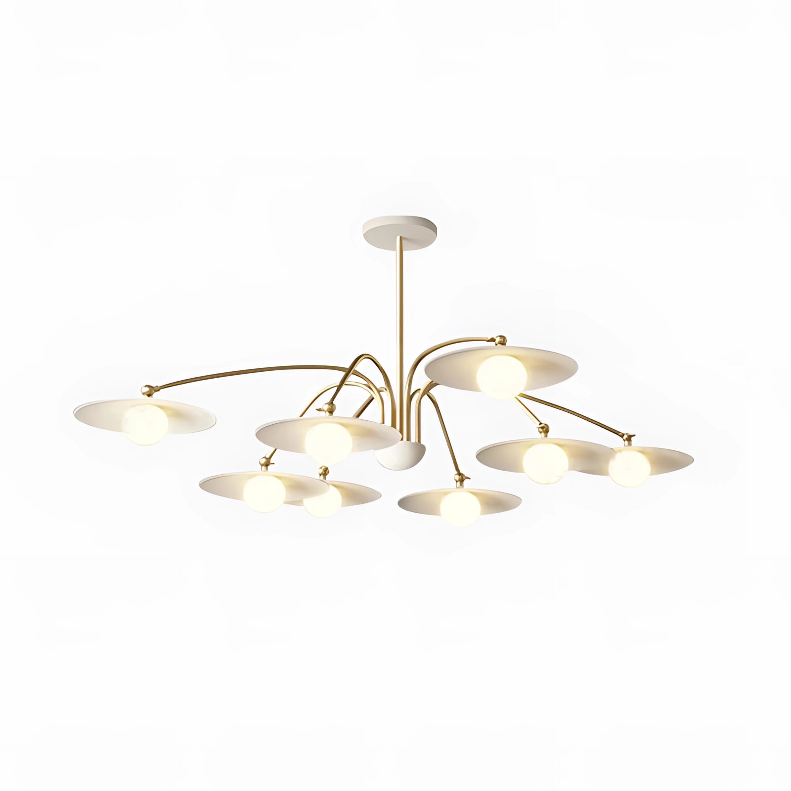 Modern gold chandelier with opal glass globes, featuring a mid-century design, made of metal and wood, hanging from the ceiling.