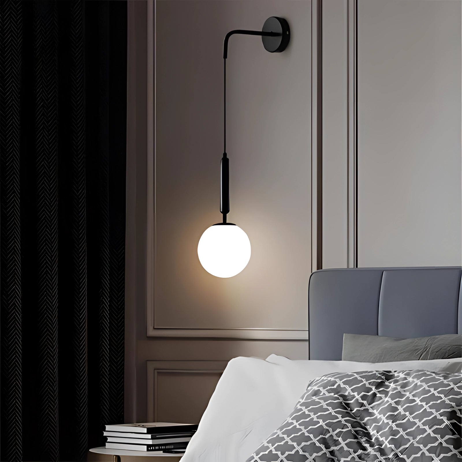 Modern gold wall lamp with adjustable LED sconce, featuring a sleek black variant and brass finish, mounted on a wall in an interior setting with wood accents and ceiling visible.