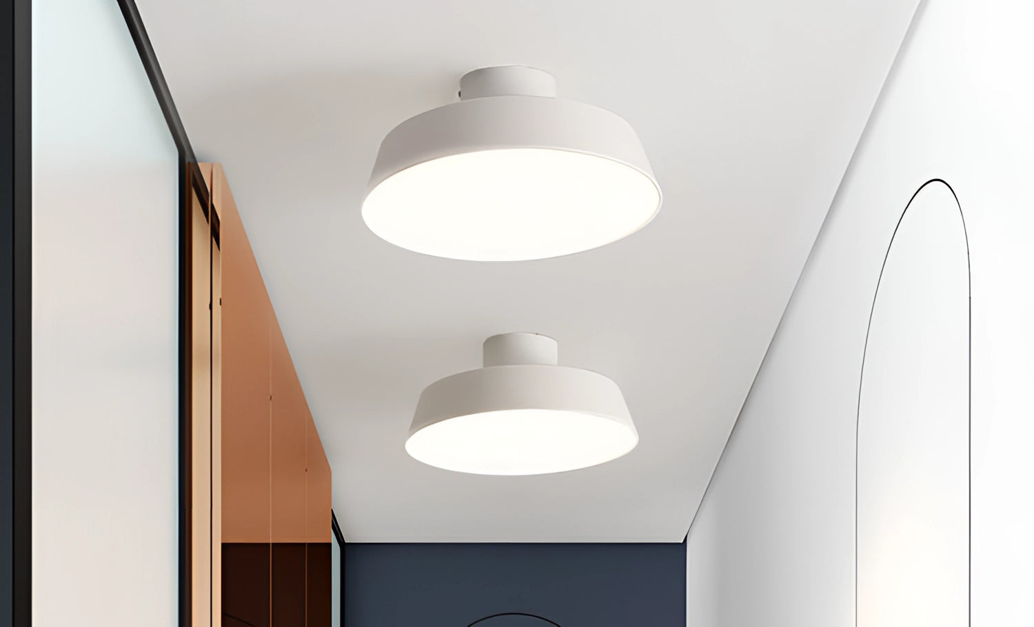 Modern grey LED pendant light with minimalist industrial design, featuring a sleek circular and rectangular shade hanging from the ceiling.