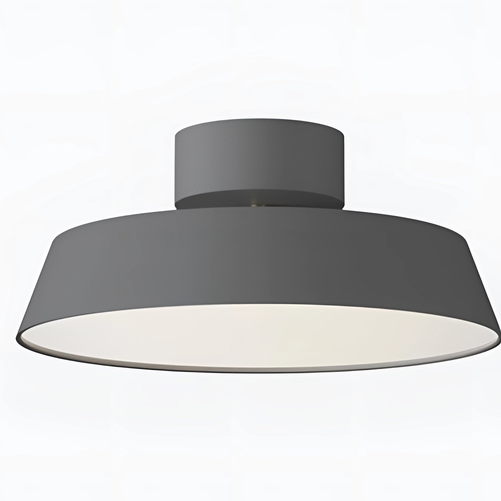 Modern grey LED pendant light with a minimalist industrial design, featuring a sleek rectangular and cylindrical metal structure, hanging from the ceiling as a stylish and functional light fixture.