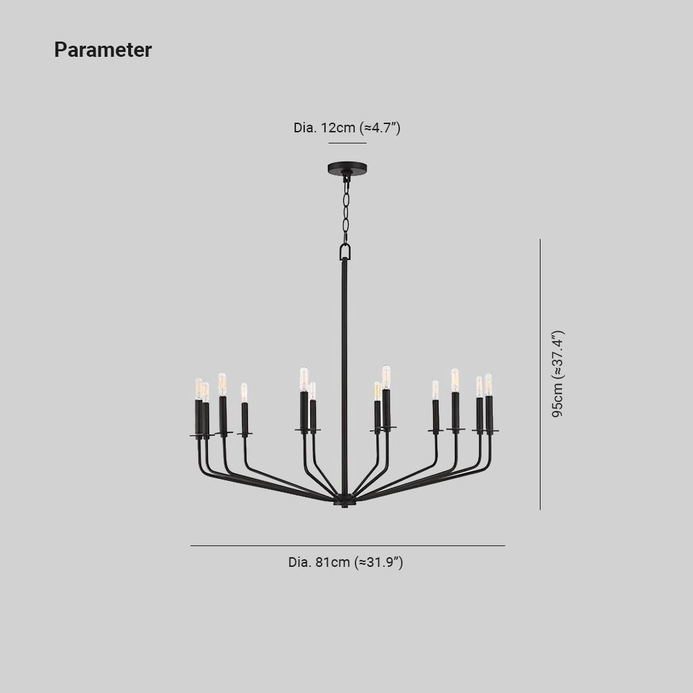 Modern industrial black chandelier featuring twelve lights arranged in a circular pattern with an adjustable chain for customizable hanging height.