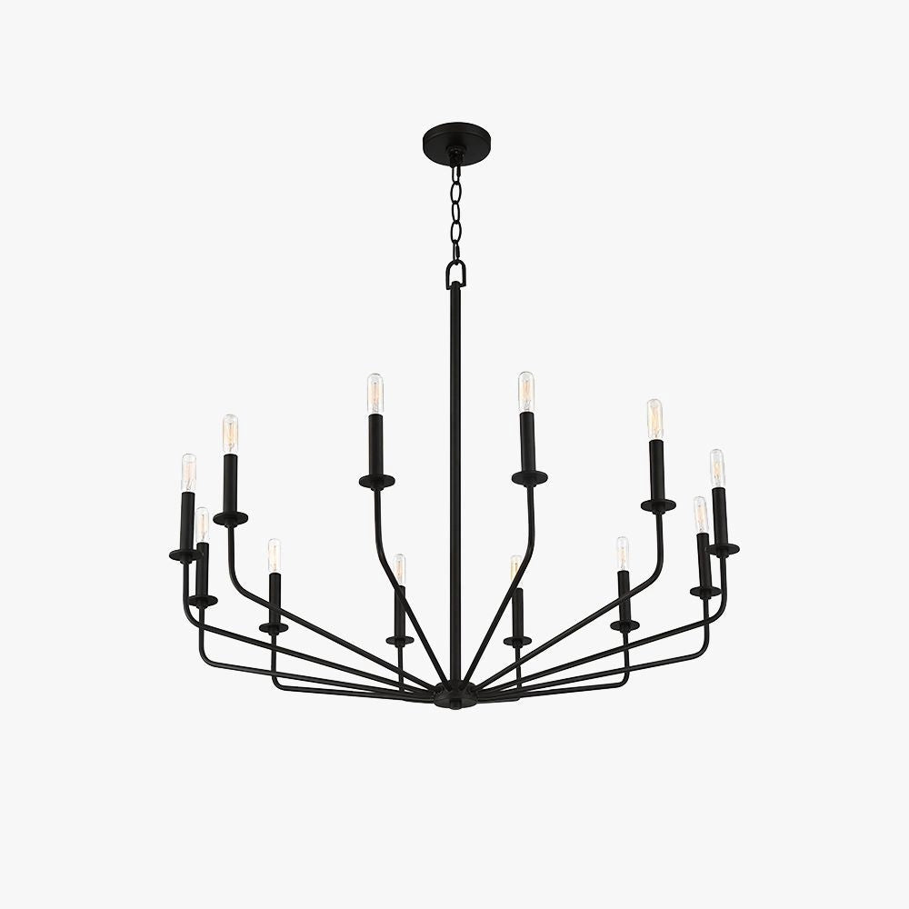 Modern industrial 12-light black chandelier with an adjustable chain, featuring a symmetrical design with candle holder elements arranged in a circular pattern, creating an artful and balanced look.