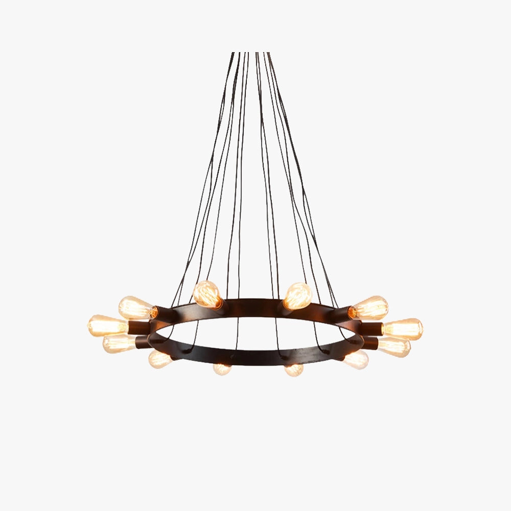 Modern Industrial LED Chandelier with a circular design, featuring a sleek pendant light fixture suspended from the ceiling, showcasing a contemporary and minimalist style.