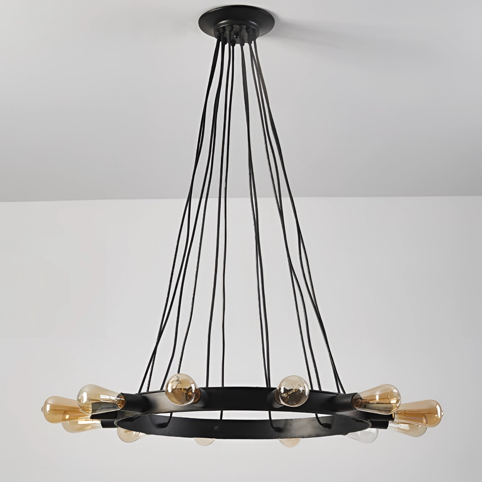 Modern industrial LED chandelier with a circular design, featuring a metal and wood construction, hanging as a ceiling fixture in a contemporary interior setting.