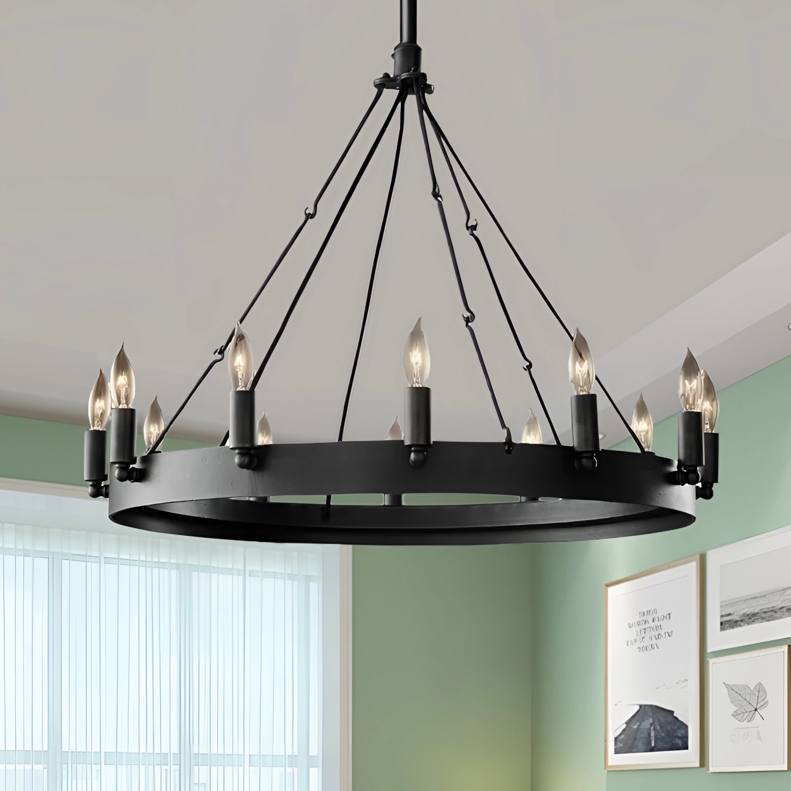 Modern industrial round iron chandelier with 12 lights, featuring an adjustable design, hanging from the ceiling in a dining room setting. The chandelier combines metal and wood elements, with a focus on contemporary interior design.