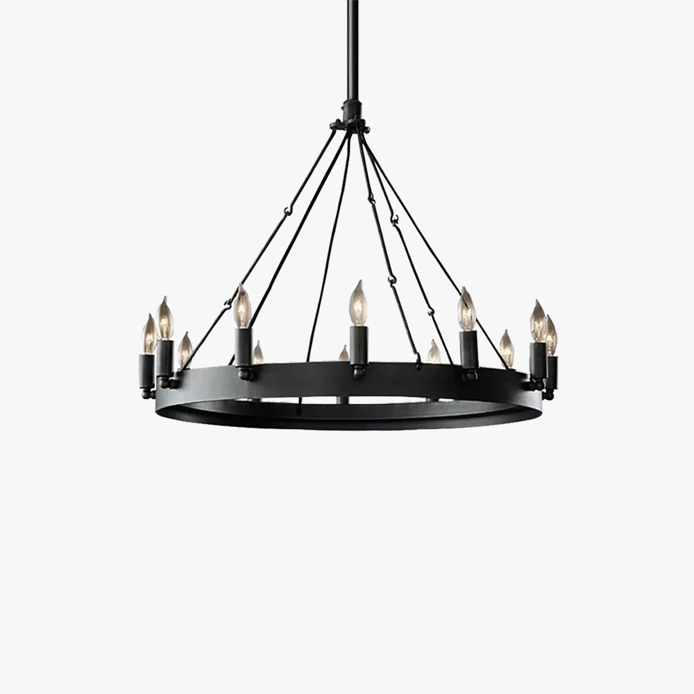 Modern industrial round iron chandelier with an adjustable height, featuring a robust metal design, suitable for dining rooms and interior decor.