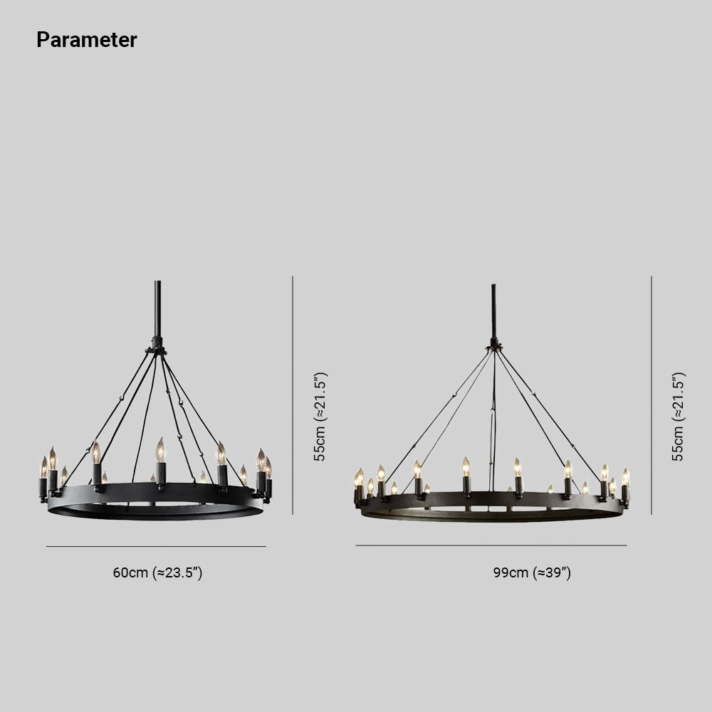 Modern industrial round iron chandelier with adjustable height, designed for dining room lighting, featuring a sleek and minimalist aesthetic.