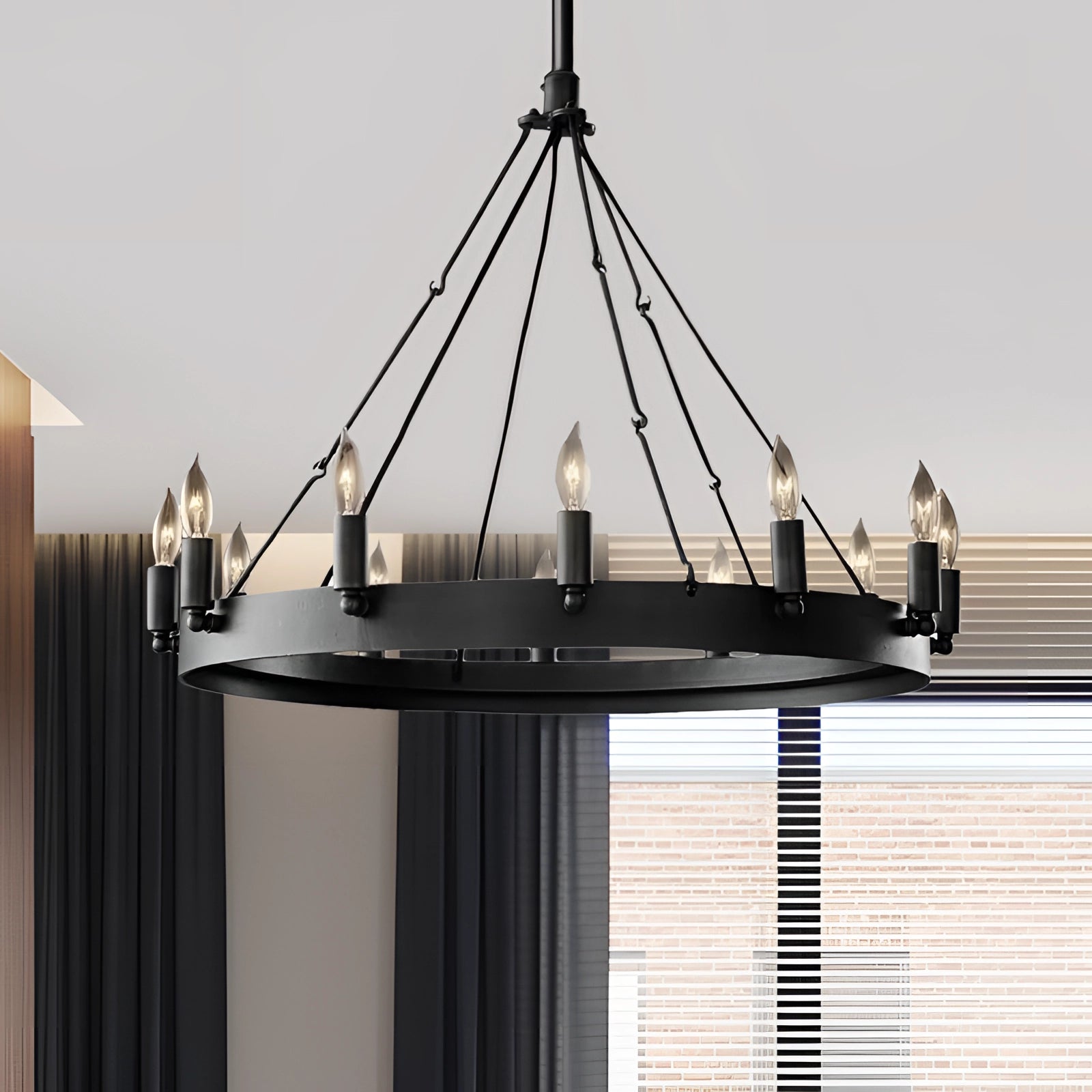 Modern industrial round iron chandelier with adjustable design, installed in a dining room, showcasing its elegant ceiling fixture and light shade against a wooden ceiling backdrop.