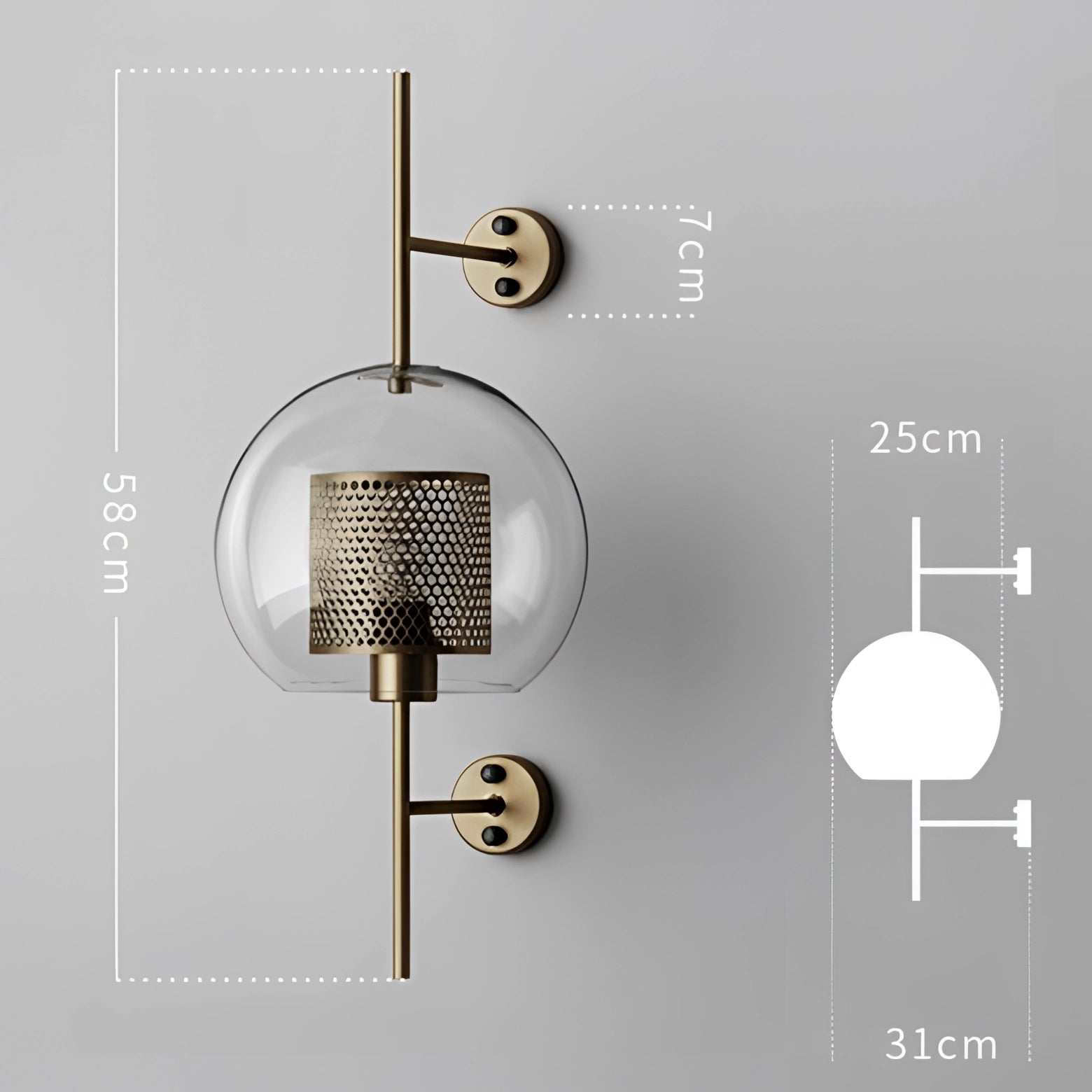 Modern Industrial Wall-Mounted Sconce with round brass base and large glass shade.