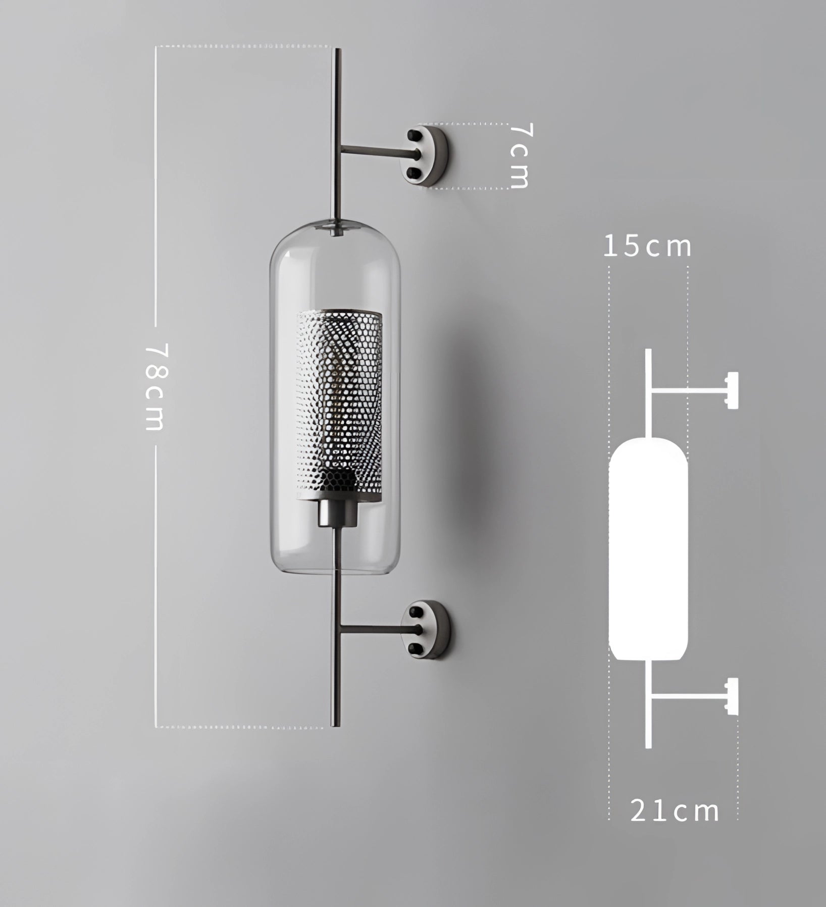 Modern industrial wall-mounted sconce with a metal and glass light fixture in a long, big silver design.