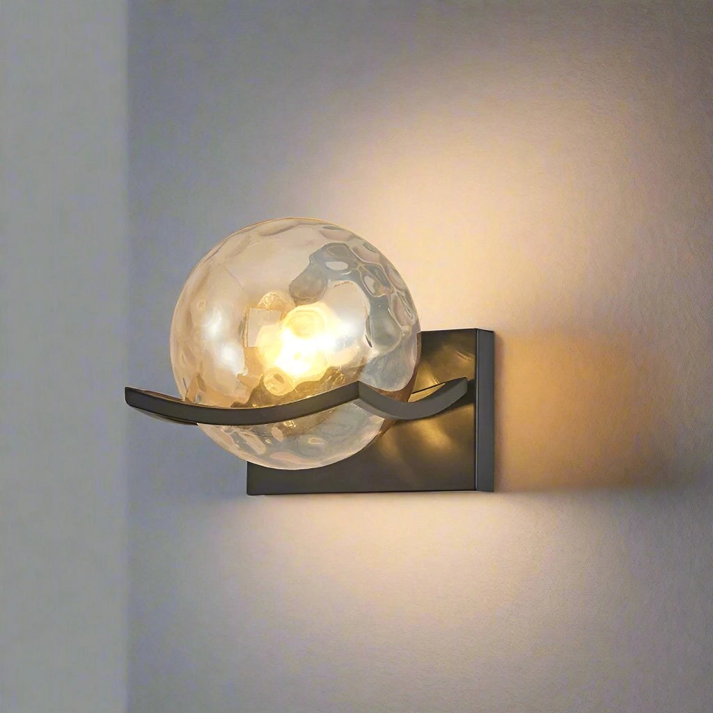 Amber glass Modern Leaf LED Wall Sconce with a circular design, featuring a combination of metal and wood elements, ideal for luxury home decor lighting.