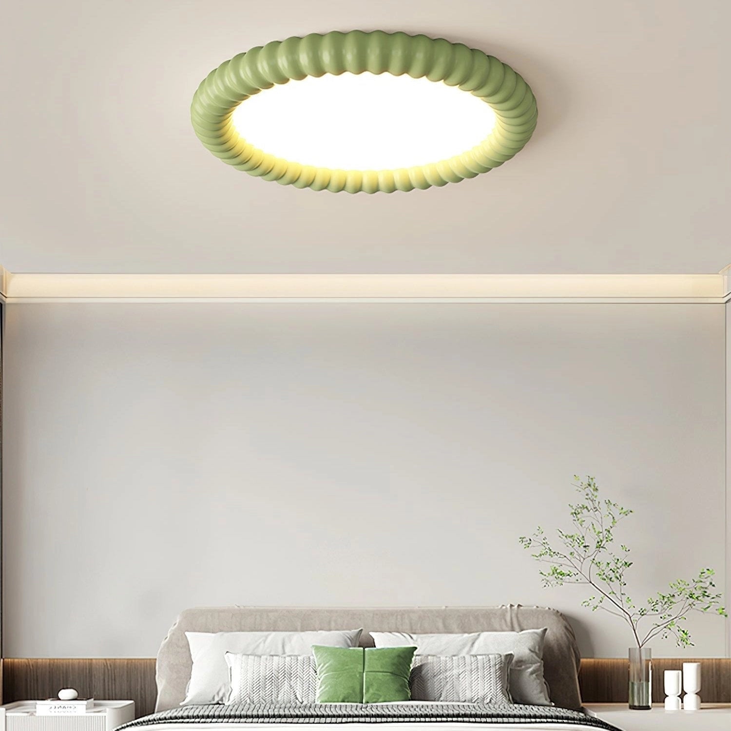 Modern LED ceiling light installed in a contemporary, white and wooden interior, showcasing a rectangular design with warm yellow dimmable light, enhancing wall and overall comfort.