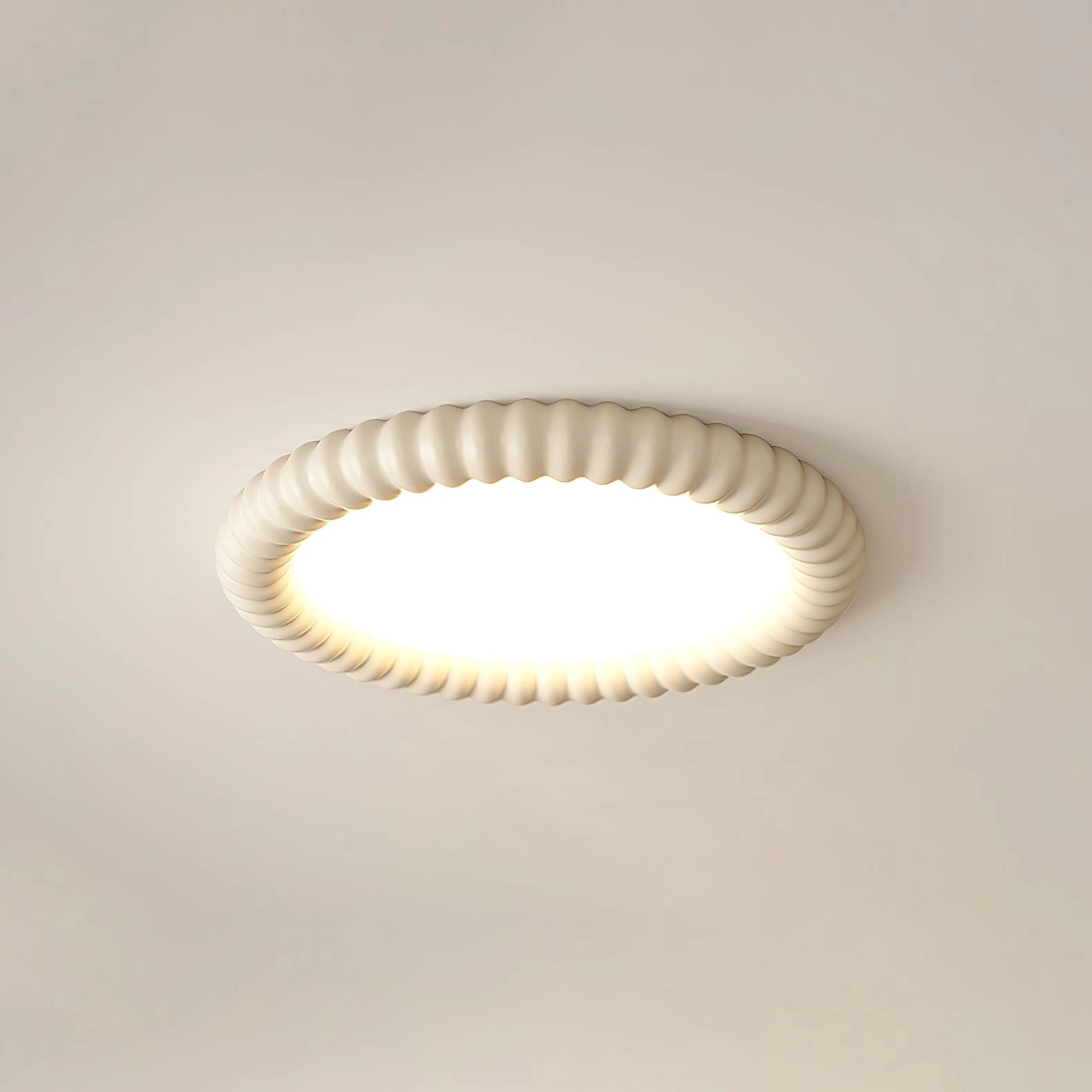 Modern beige LED ceiling light with warm light, circular design, dimmable and energy-efficient, easy to install.