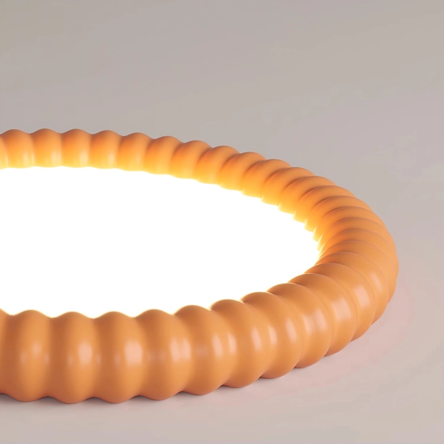 Modern LED ceiling light featuring a circular wooden design, dimmable and energy-efficient, shown in a still life setting.