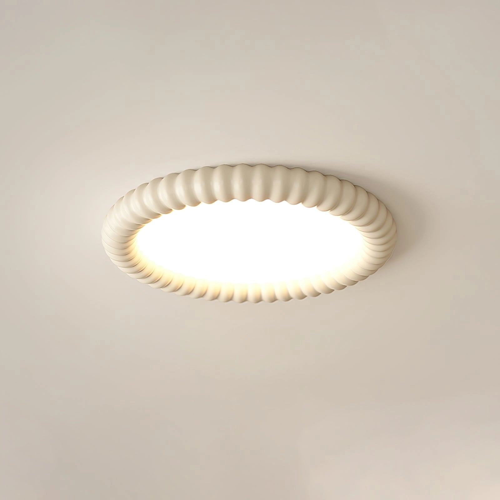Modern LED ceiling light with a circular wooden frame, dimmable and energy-efficient, installed on a clean ceiling.