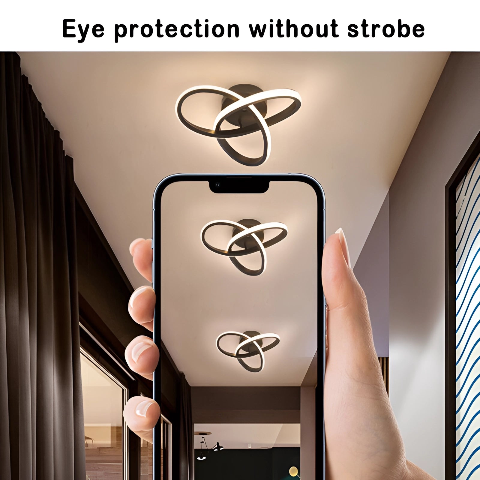 Modern LED ceiling light fixture illuminating a stylish, elegant room with a person gesturing and holding a mobile phone.