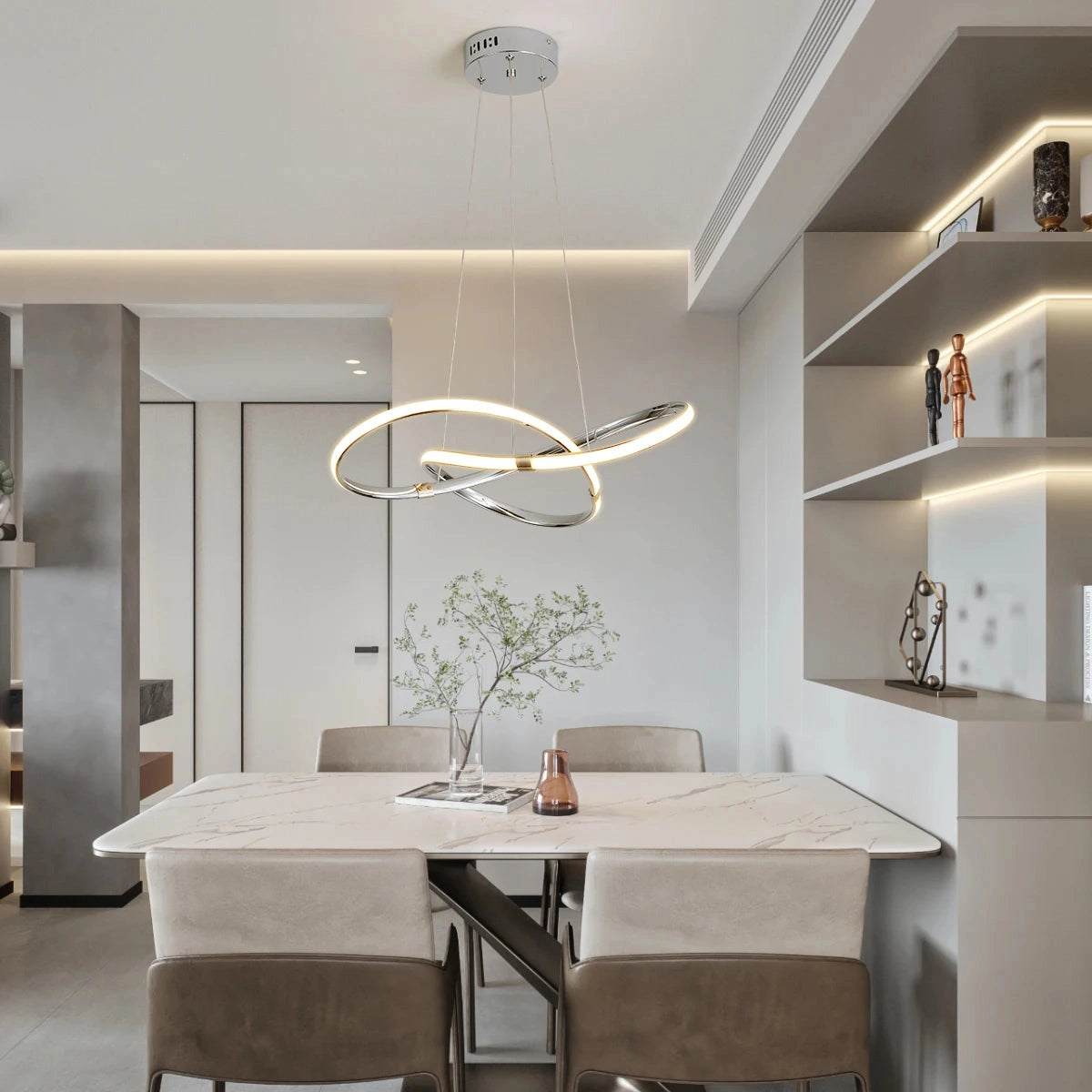 Modern LED chandelier with geometric design hanging in a stylish living room featuring a grey color scheme, wooden furniture, a rectangular table, and indoor plants.