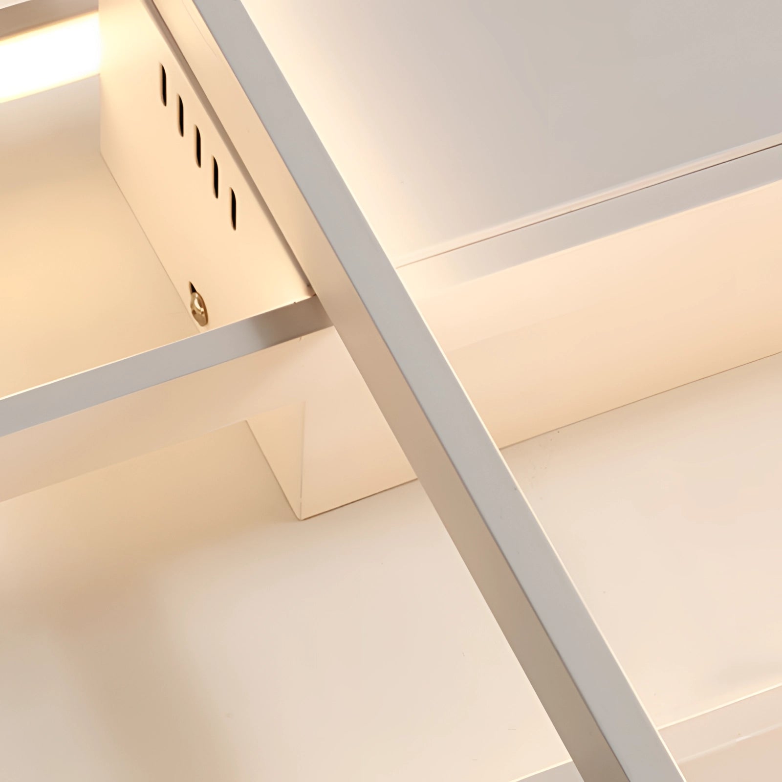Modern LED chandelier with a geometric design, featuring adjustable rectangular panels made of composite materials in beige and wood tones, suspended from a ceiling fixture with metal accents.