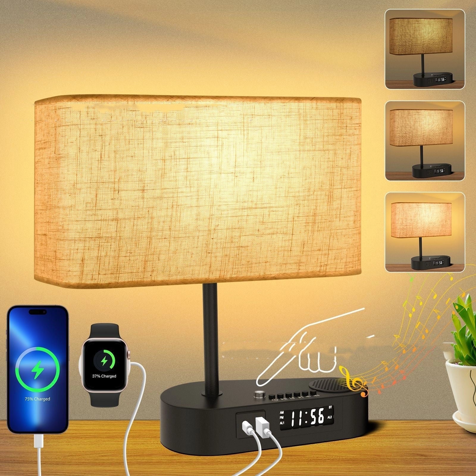 Modern LED Clock Lamp with USB & Fabric Shade - Adjustable Brightness