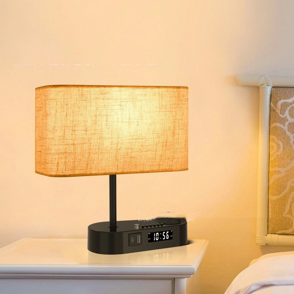 Modern LED Clock Lamp with USB & Fabric Shade - Adjustable Brightness