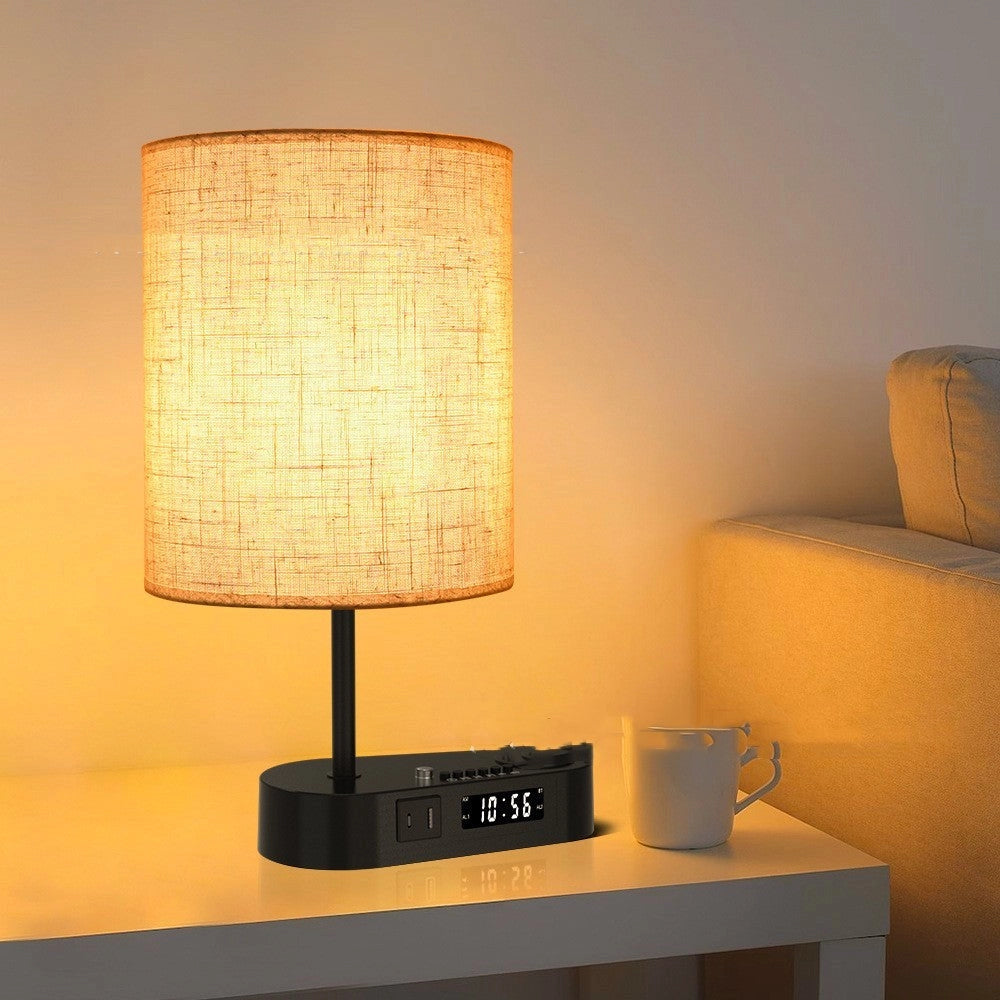Modern LED Clock Lamp with USB & Fabric Shade - Adjustable Brightness