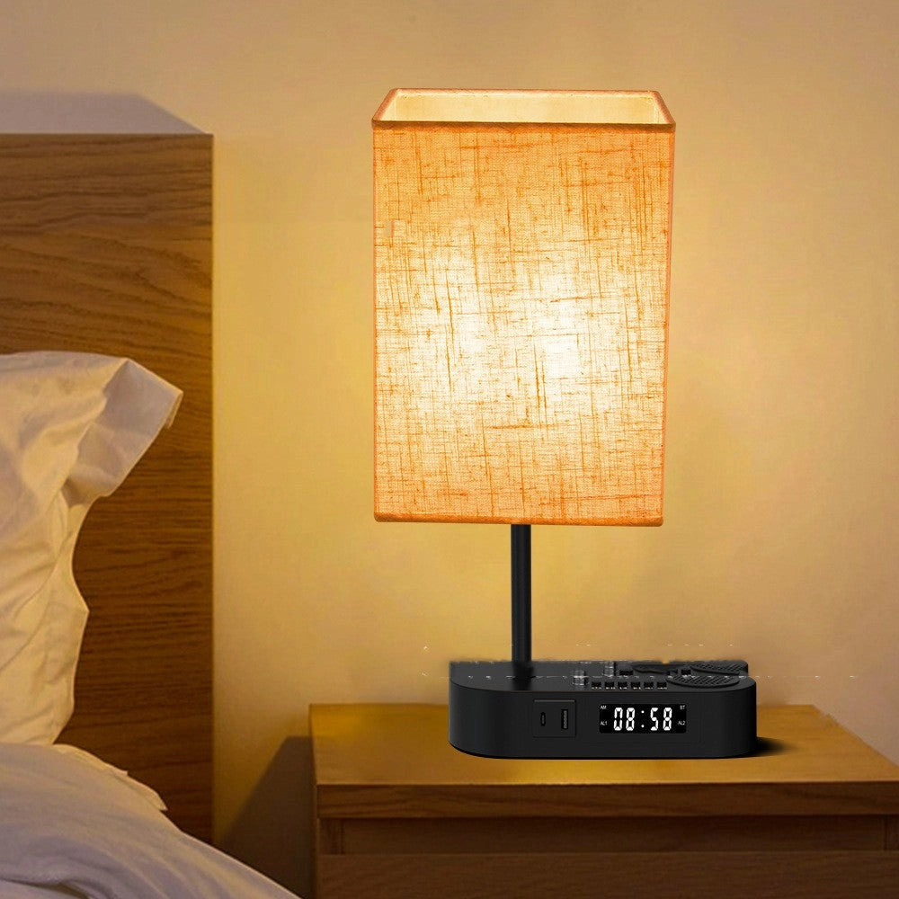 Modern LED Clock Lamp with USB & Fabric Shade - Adjustable Brightness