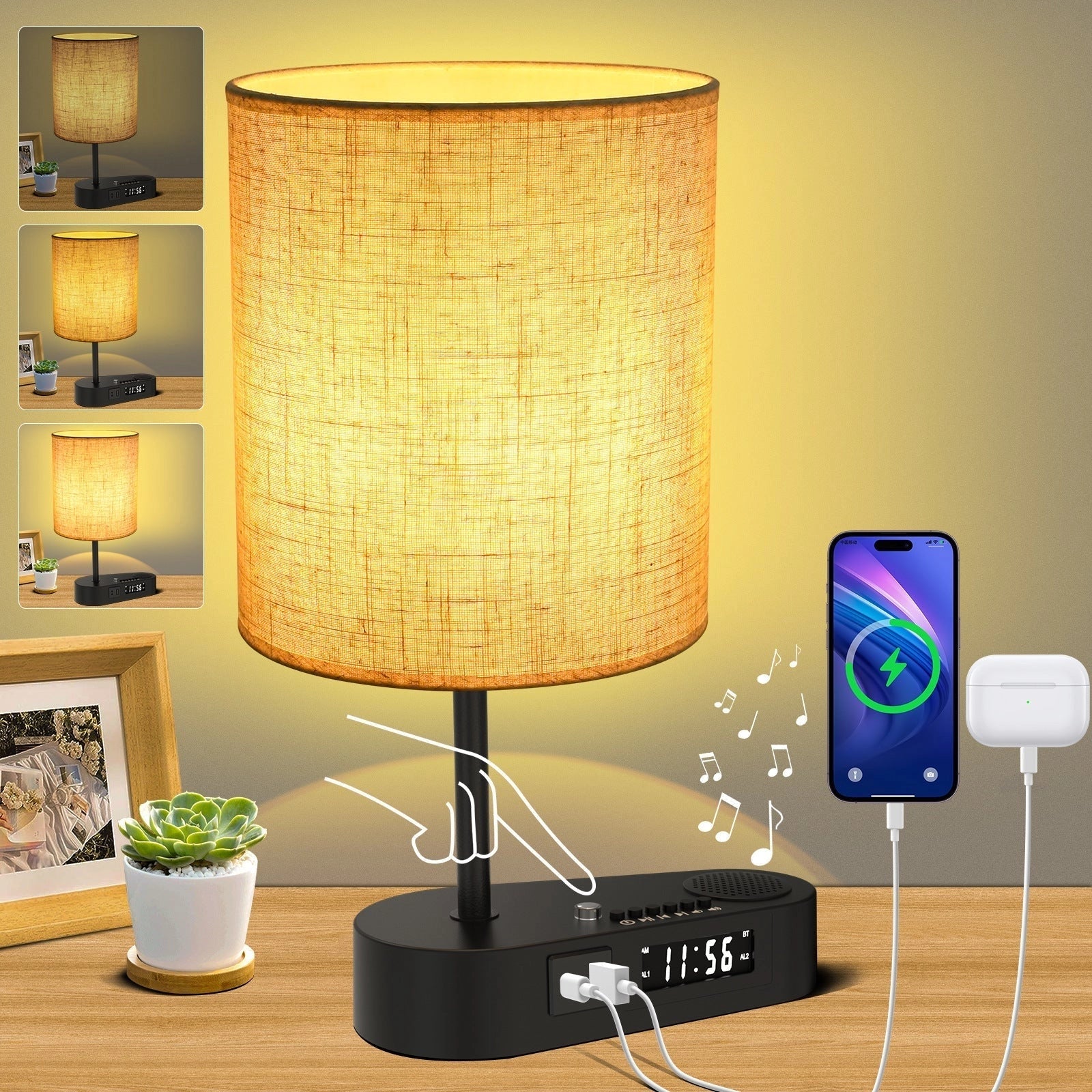 Modern LED Clock Lamp with USB & Fabric Shade - Adjustable Brightness