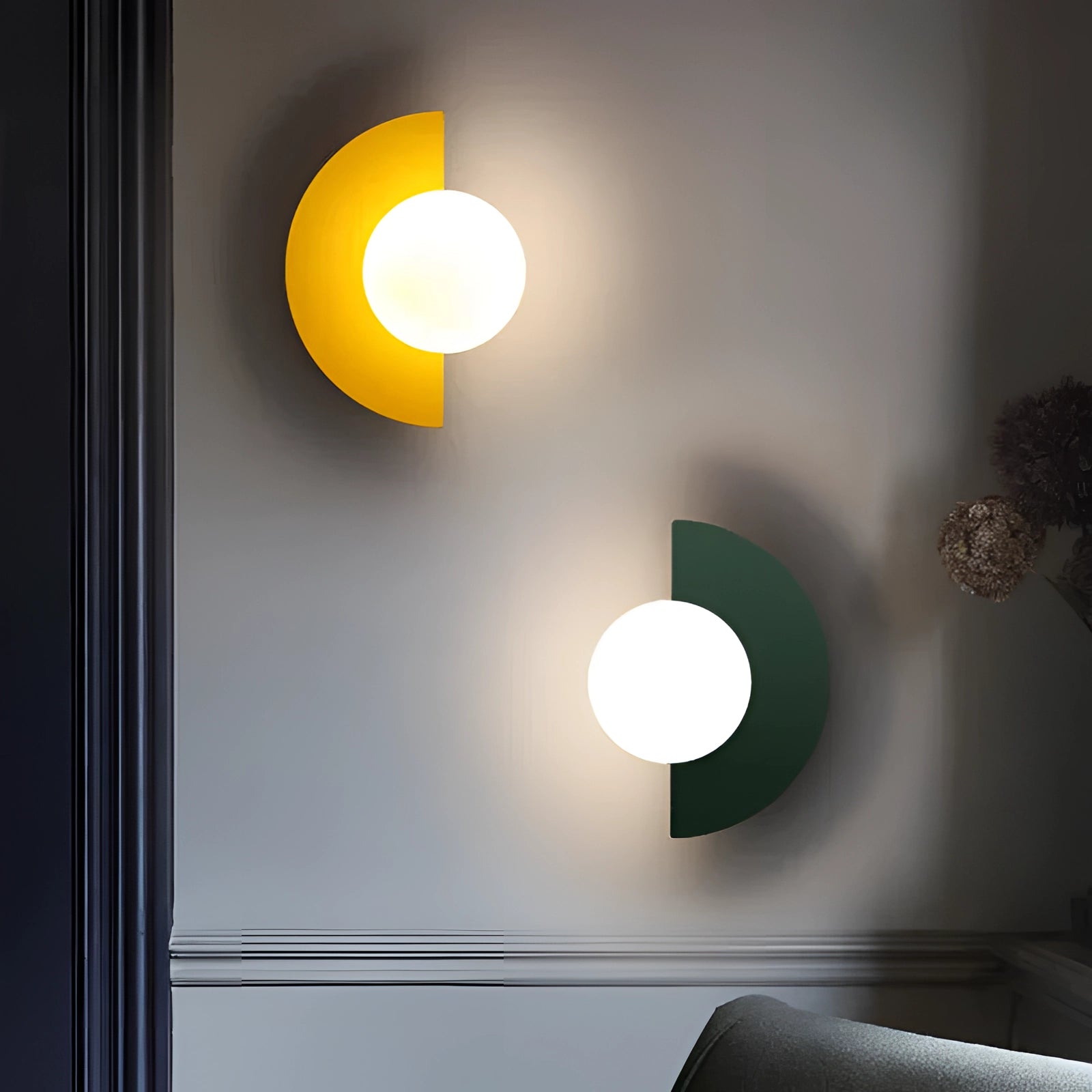 Modern LED Half-Moon Wall Light featuring a minimalist design with a wooden rectangular base and circular shade, ideal for enhancing the aesthetic of a living room.