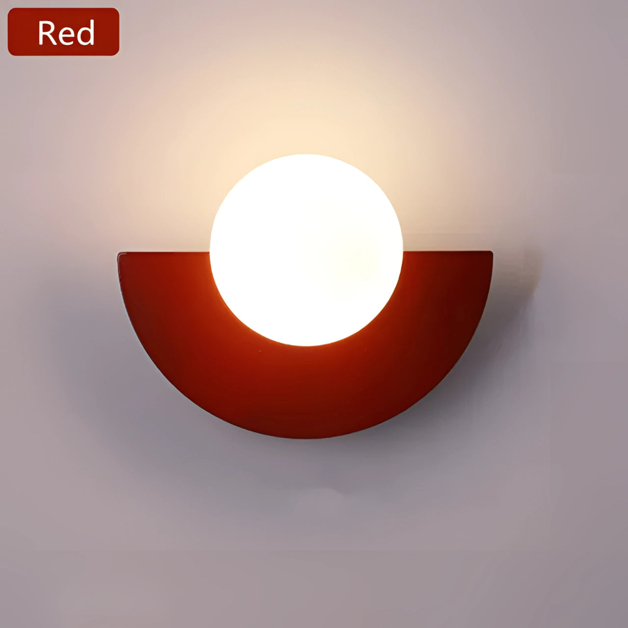 Modern LED Half-Moon Wall Light with a red finish and three-color light settings, featuring a minimalist design with a sleek, circular shape.