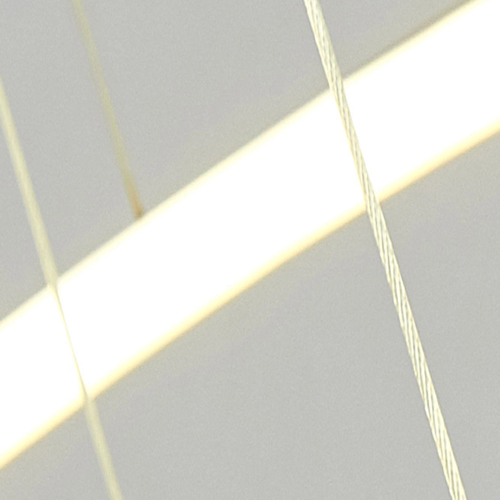 Modern LED Orbital Chandelier featuring a sleek, contemporary design with a blend of wood and metal elements, showcasing a geometric pattern with symmetrical rectangles and triangles, enhanced by electric blue accents, set against a backdrop of warm flooring.